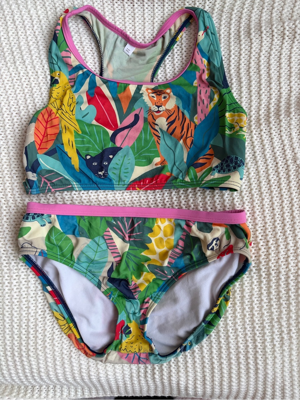 Boden Tropical Jungle Print Two-Piece Swim Set - Green & Pink kids size 9-10y